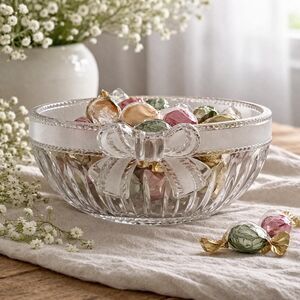 Vintage Frosted Glass Bowl Ribbon Bow Design Cottagecore Decor Candy Dish